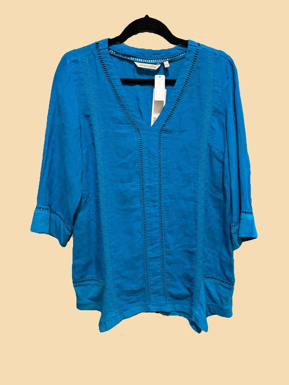 Soft Surroundings Vibrant Teal V-Neck Linen Tunic